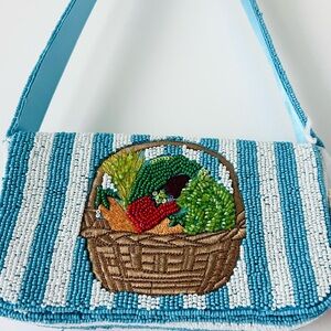 Adorable Fruit 🥕 and Veggie 🥦 Basket 🧺 Beaded Blue and White Striped Bag